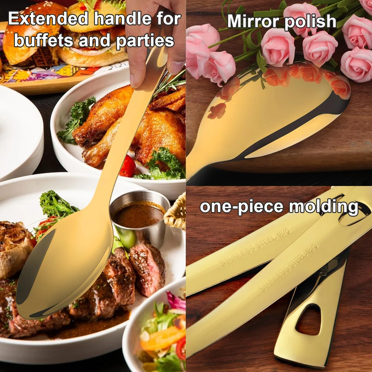 Cucchiai da tavola grandi da 33 cm per servire, in acciaio inossidabile, set di cucchiai da buffet con manico lungo, per feste, cene, cucina, ristorante (oro, 6 pezzi)