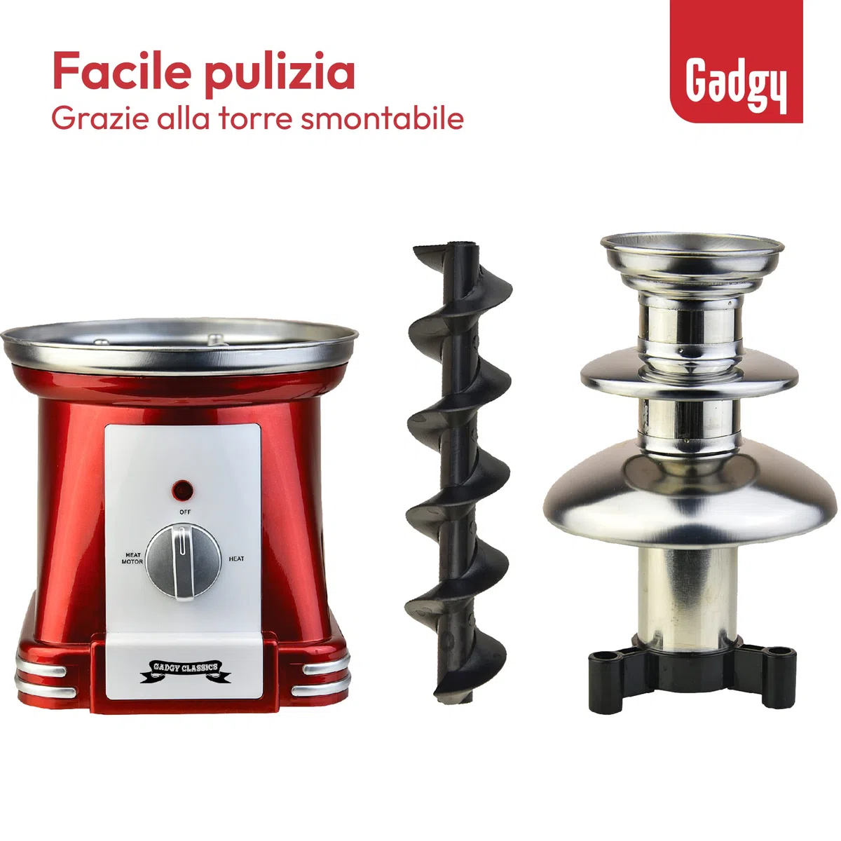 Fontana di Cioccolato Gadgy a 3 Livelli | Fonduta di Cioccolato in Acciaio Inox | Design Retrò Rosso | Capacità 750g | Riscaldamento 90W | Cascata per Feste, Compleanni e Eventi