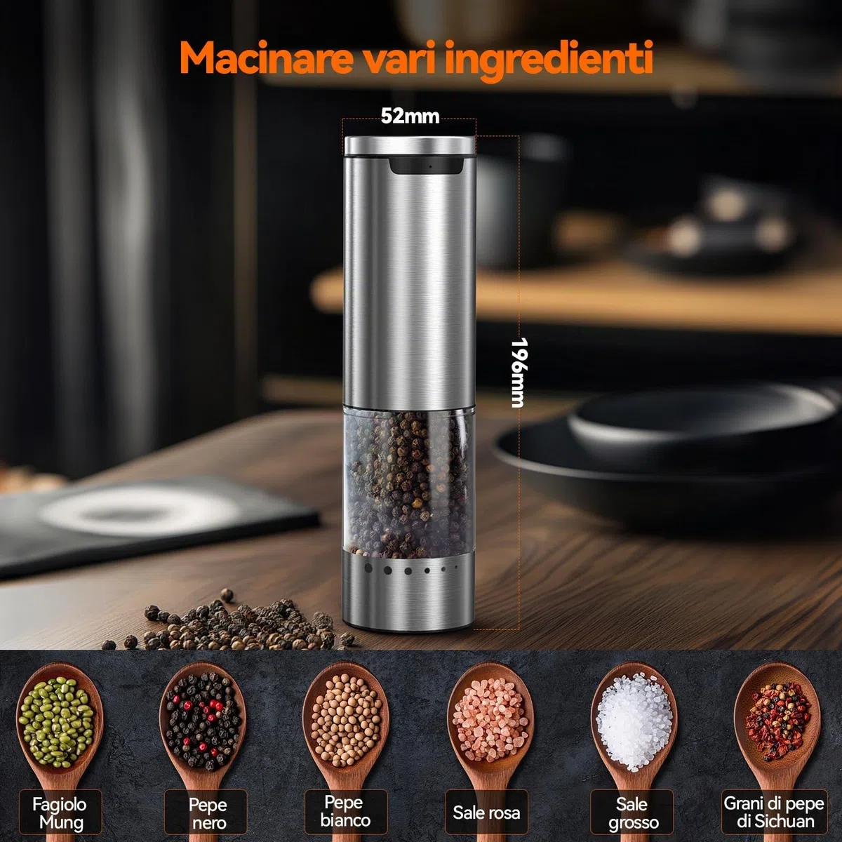 VOXON Set di 2 macine per sale e pepe con USB, ricaricabili a 5 livelli, regolabile, macinazione automatica, pepe elettrico con luce LED per barbecue, ristorante cucina