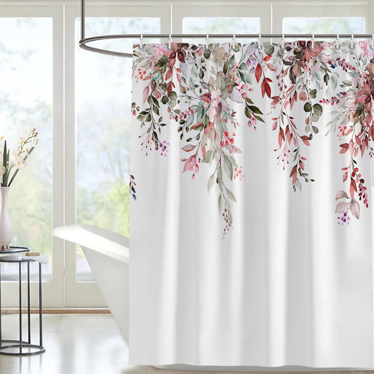 Tenda Doccia Foglie Verdi Rosa Tenda Doccia Antimuffa Tenda per Doccia Resistente Poliestere Tende Doccia Impermeabile Tenda Vasca da Bagno Moderne Tende Finestra Bagno 200x240cm