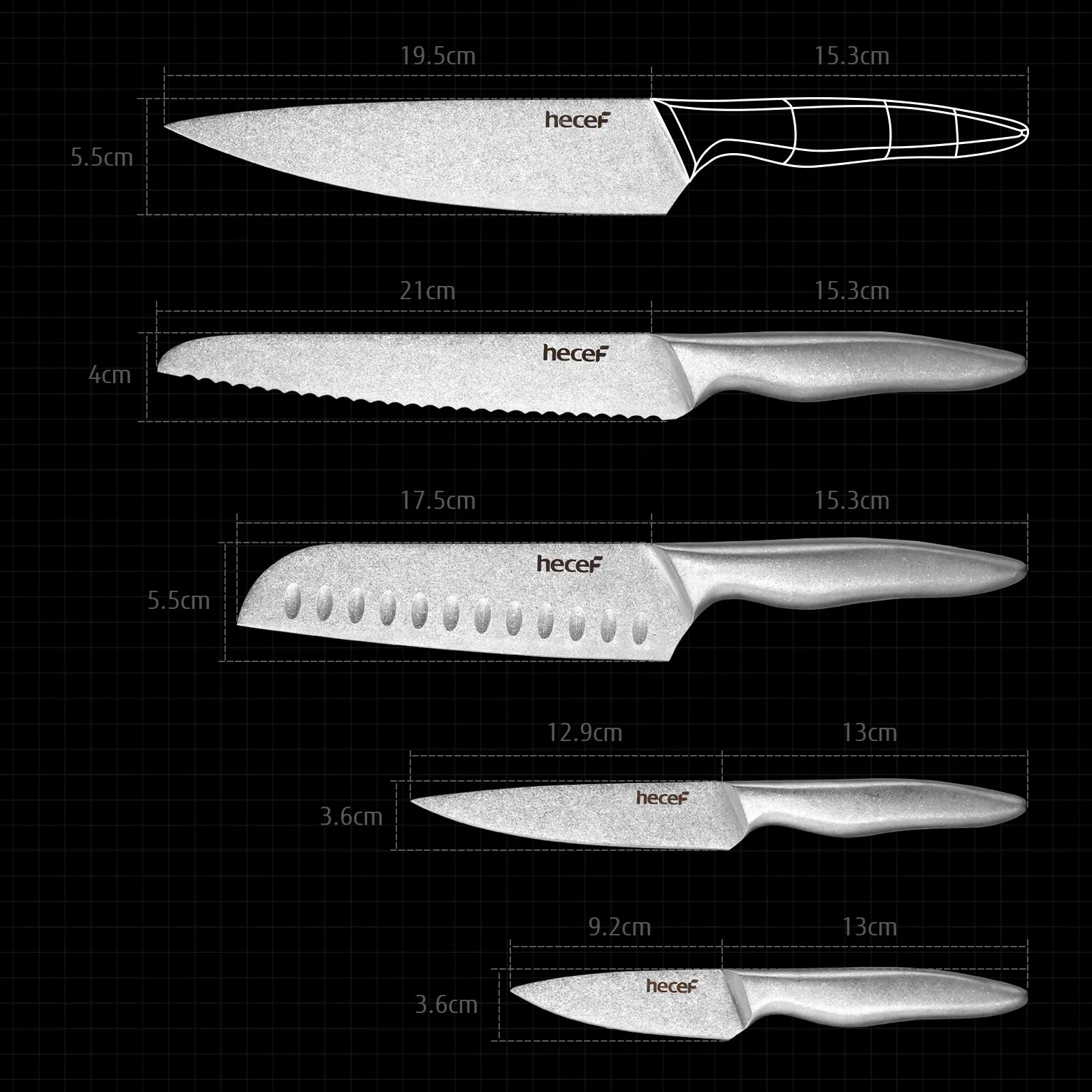 hecef Set Coltelli da Cucina Professionali, 6 Pezzi Set di Coltelli da Chef Acciaio Inox con Coprilama Protettivi & Borsa per coltelli (5 fessure), per Attività Indoor e Outdoor e Campeggio