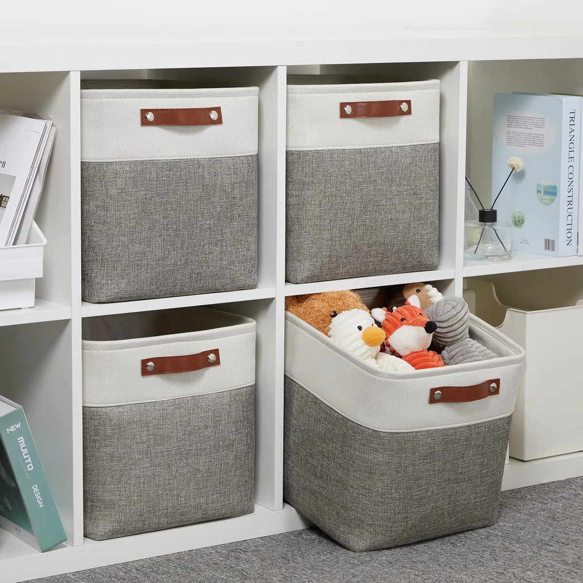 Scatola Portaoggetti In Tessuto 33x38x33cm, Set di 4 Cestini Cubici per Armadio, Ccaffale e Vestiti, Grigio&Bianco