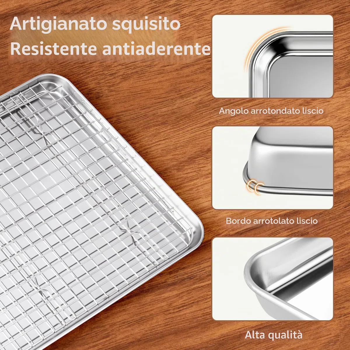 Fire More Teglia da Forno con Griglia di Raffreddamento Rimovibile in Acciaio Inox, Set da 1 Pezzo (1 teglia + 1 griglia), 40,5x30,5x2,5cm, Lucida e Antiruggine, Lavabile in Lavastoviglie