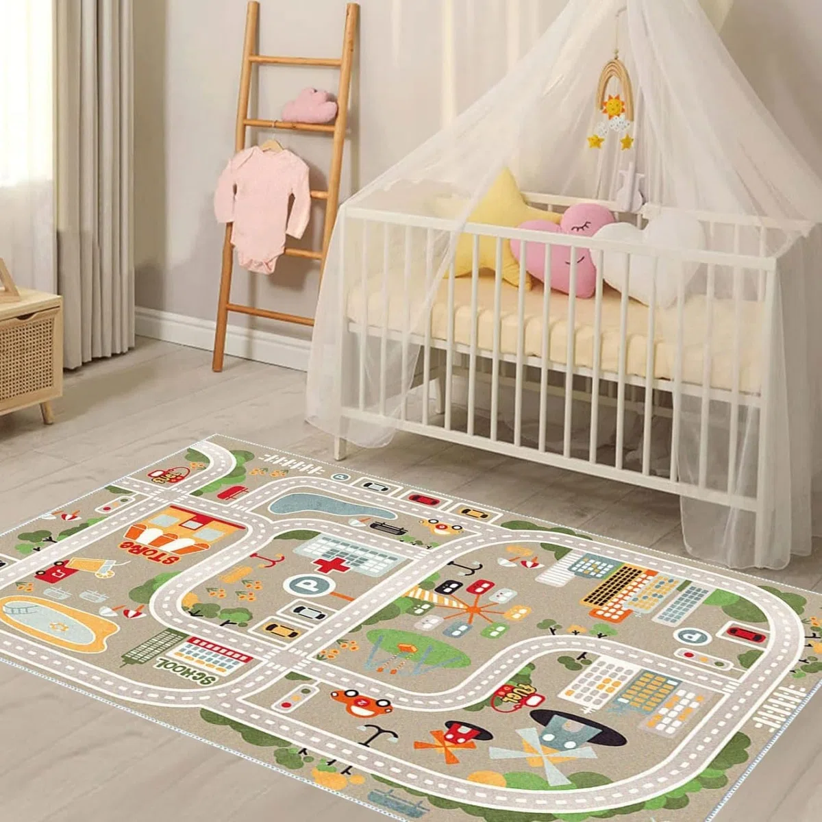 Tappeto Pista con Base in Gomma Antiscivolo Gioco Educativo Ragazzi Ragazze Tappeto da Gioco per Camera dei Bambini, Stanza dei Giochi e Camera da Letto (White,120x200cm)