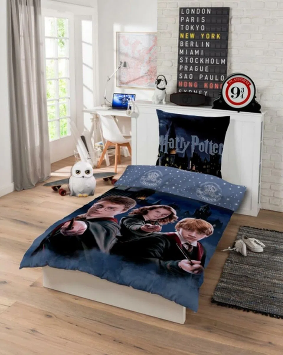 Harry Potter, set di biancheria da letto 135x200 80x80 con federa Hogwarts [con sacchetto portaoggetti], 100% cotone, privo di sostanze nocive, conforme a Öko-Tex Standard, dimensioni tedesche