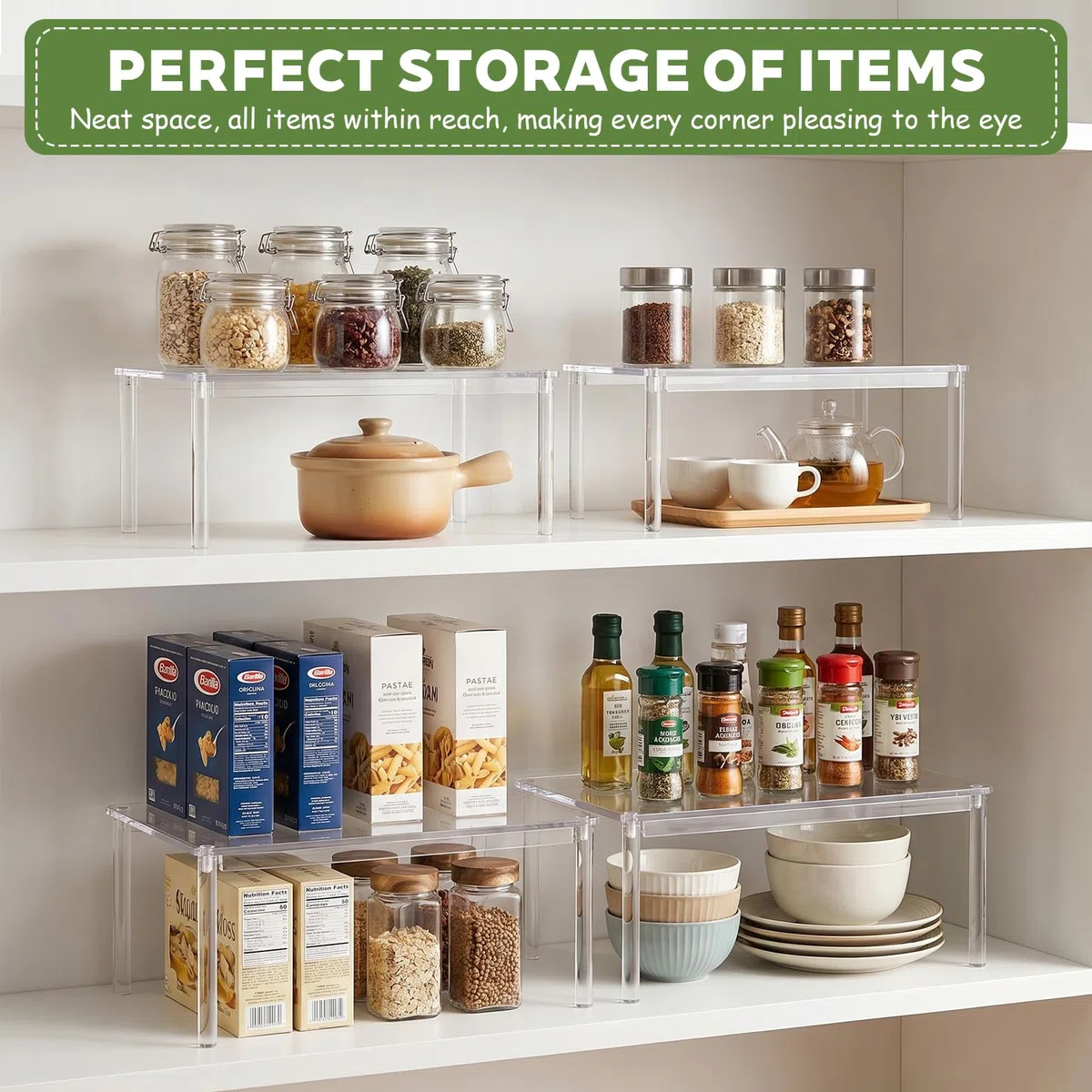 Set di 4 Organizer Cucina Alzatina Cucina in Acrilico, Impilabile Mensole Cucina Adatto per Spezie, Tazze, Articoli Cosmetici e Per Riporre in Cucina