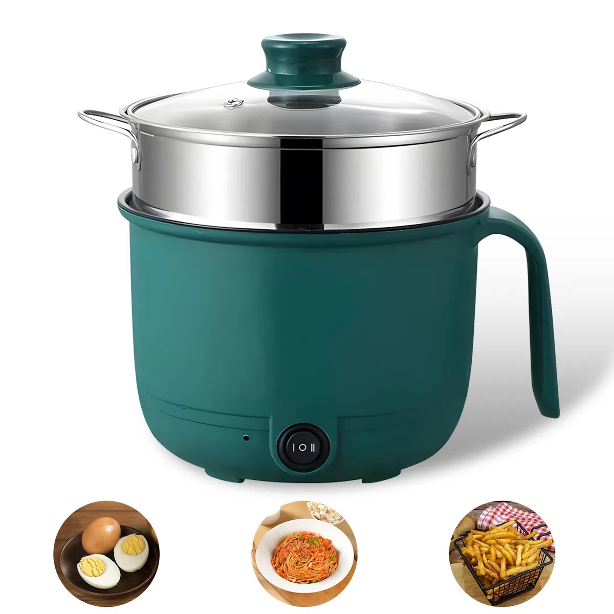 Hot Pot elettrico 1,5 l, mini forno antiaderente portatile, pentola elettrica con vapore, pentola elettrica con doppio controllo di potenza, per casa, ufficio e dormitorio (verde)