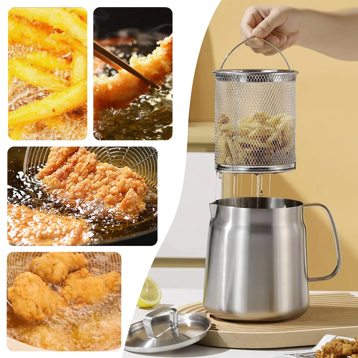 Filtro per friggitrice da 2 l, in acciaio inox 304, con filtro e cestello per friggitrice, contenitore multifunzione per grasso