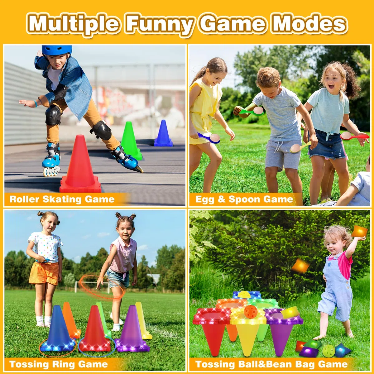 CLEMAS 35 pz Giochi di Lancio Luminosi 5 in 1 per Bambini – Set da Giardino con Cornhole, Anelli & Corsa con l’Uovo – Attività Outdoor per Compleanni e Feste