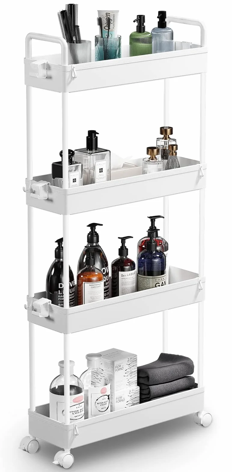 SOLEJAZZ Carrello portaoggetti a 4 ripiani Carrello scorrevole e scorrevole Carrello portaoggetti mobile per cucina, bagno, lavanderia, camera da letto, spazi stretti, plastica, bianco