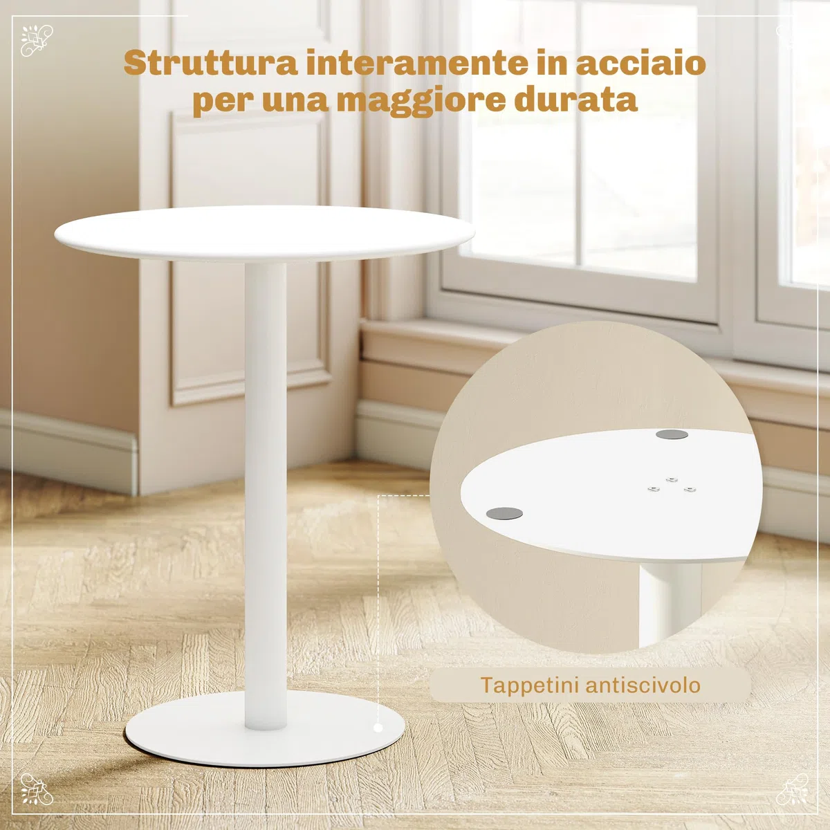 HOMCOM Tavolo da Pranzo Rotondo per 2 Persone dal Design Minimal, Tavolo Moderno in Acciaio, per Interno ed Esterno, Ø60x72 cm, Bianco