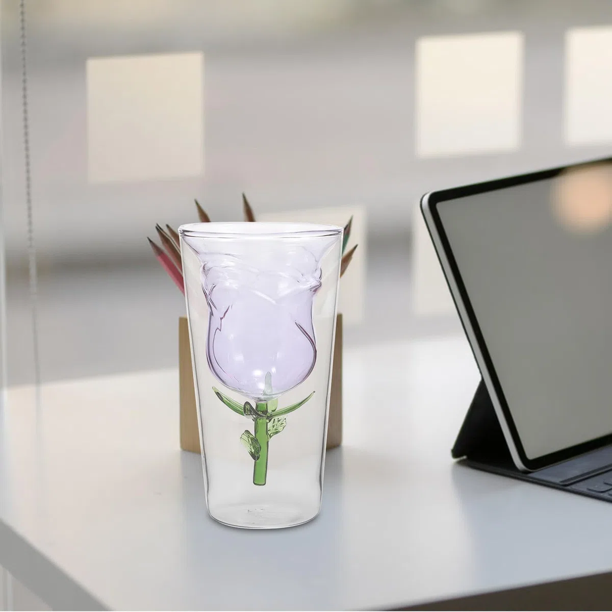 ERINGOGO Bicchiere da Vino a Doppio Strato 300Ml in Vetro Decorazione Fiore Rosa Tazza da Festa Elegante per Cocktail e Bevande per Eventi e Ristoranti