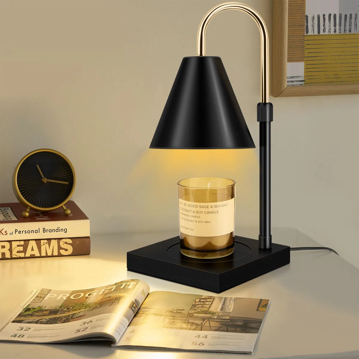 Scalda-candele con timer, dimmerabile e regolabile in altezza, compatibile con candele in barattolo, per decorazioni domestiche, scaldacera elettrico, base in legno (nero)