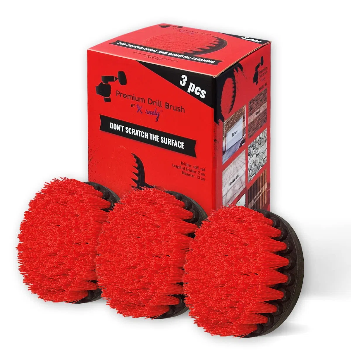 Spazzola Premium per Trapano-Rigida, Rossa, Set 3 Pezzi, 13cm. Spazzola di Pulizia Professionale.Non Graffia le Superfici.Per Garage,Piastrelle,Pietra,Camino e Pulizia dei Cerchioni dell'Auto