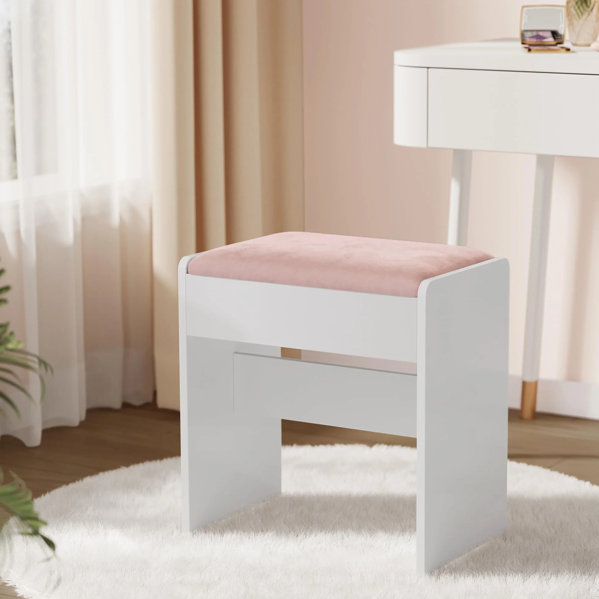 VASAGLE KAILYN Collezione - Sgabello Toeletta Trucco, Sgabello Imbottito Trucco, Velluto, Piedini Antiscivolo, Camera da Letto Armadio Ingresso, Stile Moderno, Bianco Opaco e Rosa Pastello RDS001W01