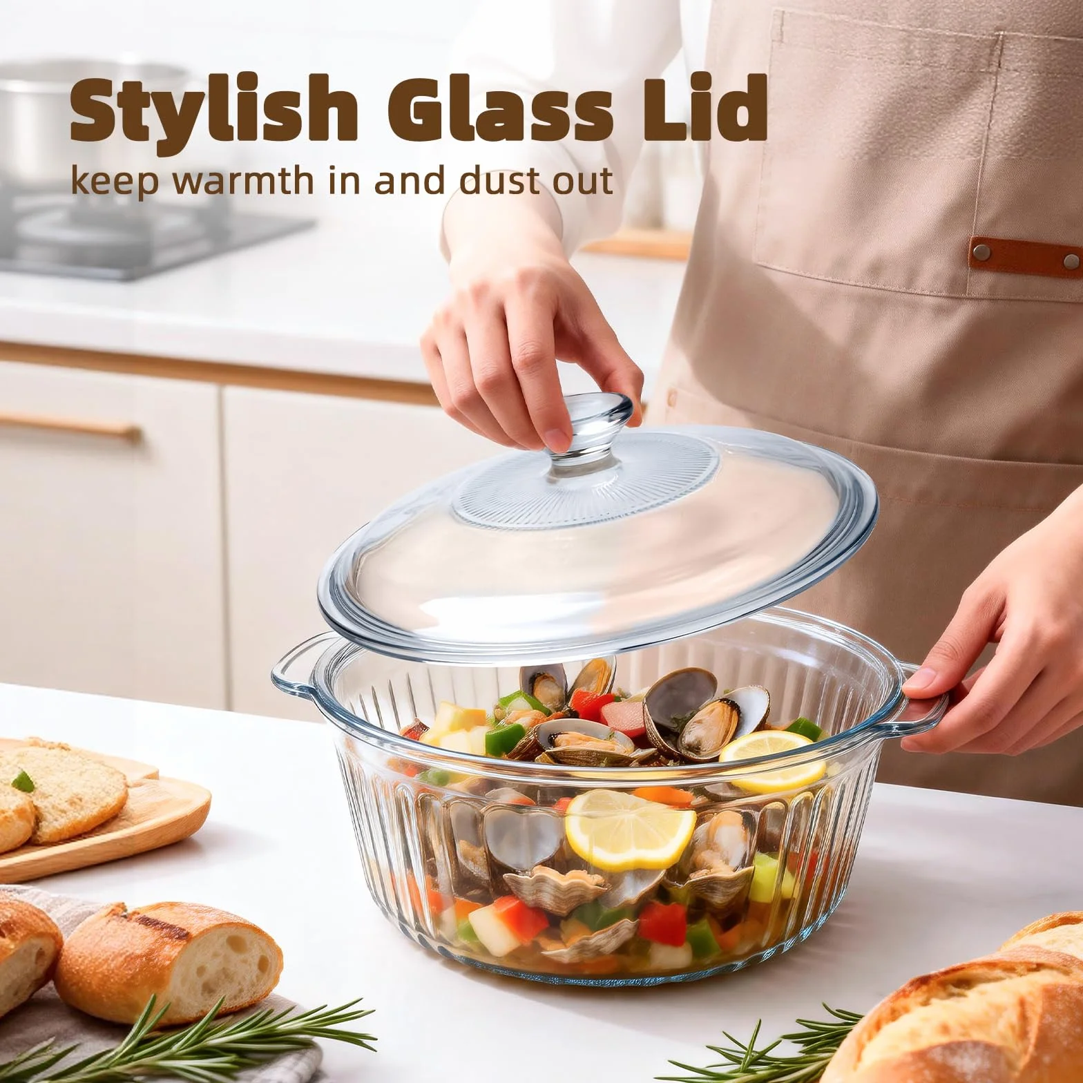 Luvan Pirofila in Vetro 2,4 L / 2,5 QT – Pirofila Rotonda con Coperchio e Manici, Teglia in Vetro Trasparente senza Piombo, Adatta a Forno e Lavastoviglie