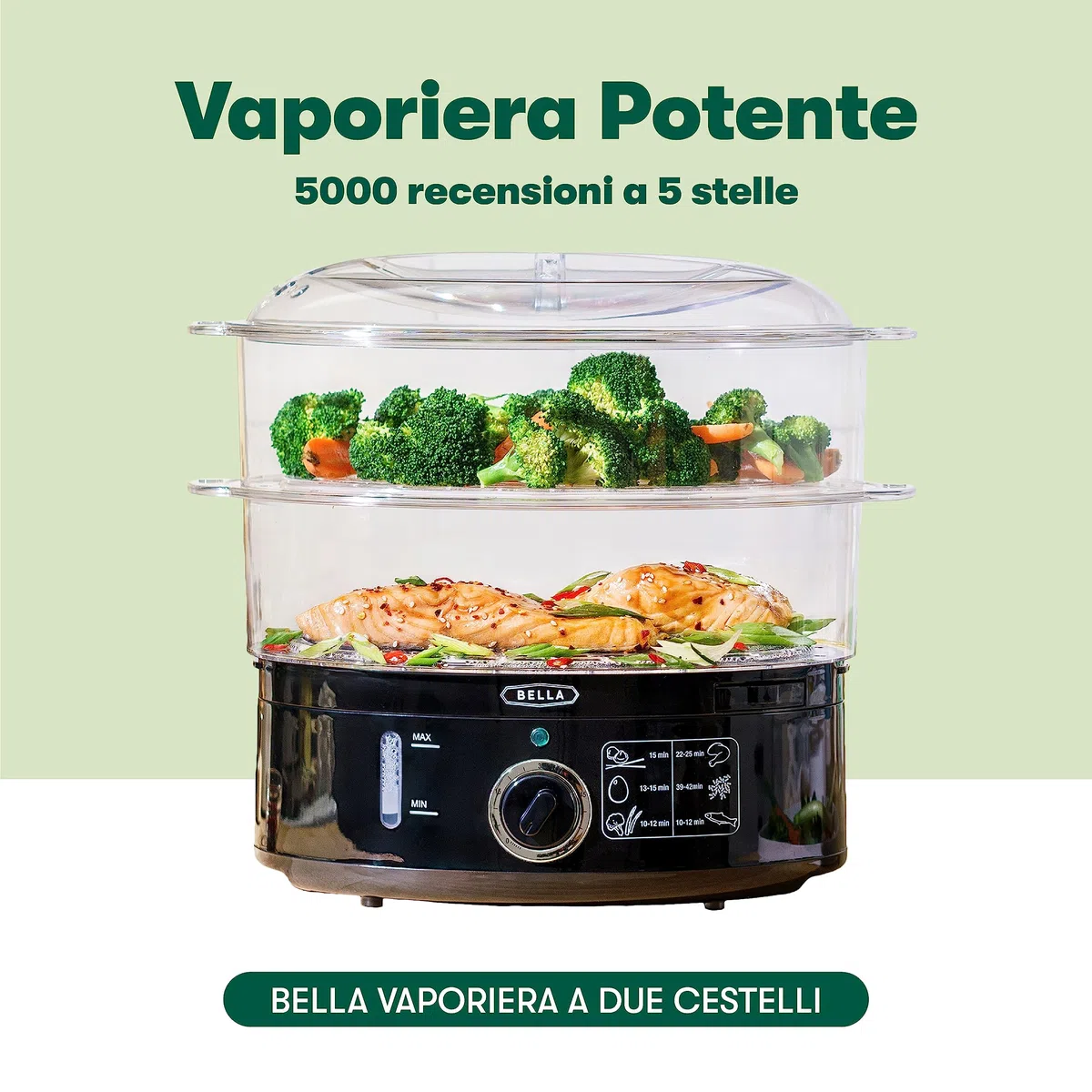 bella Vaporiera a Due Livelli con Contenitori Impilabili e Base Staccabile per Una Cottura Rapida e Simultanea - Spegnimento Automatico e Protezione Contro l'Ebollizione a Secco, Capacità 7 L, Nero