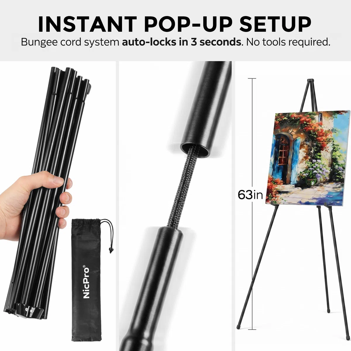 Nicpro cavalletto pittura pieghevoli Art per esposizione, confezione da 2 cavalletto da pavimento in metallo da 160, treppiede nero pieghevole per cartelloni, artisti, poster, matrimoni