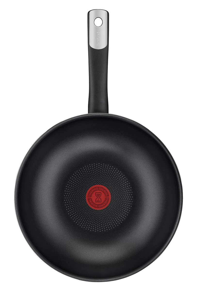 Tefal C38819 Hard Titanium Essential Wok Padella 28 cm | Rivestimento antiaderente con particelle di titanio | Indicatore di temperatura del segnale termico | Lavabile in lavastoviglie | Made in