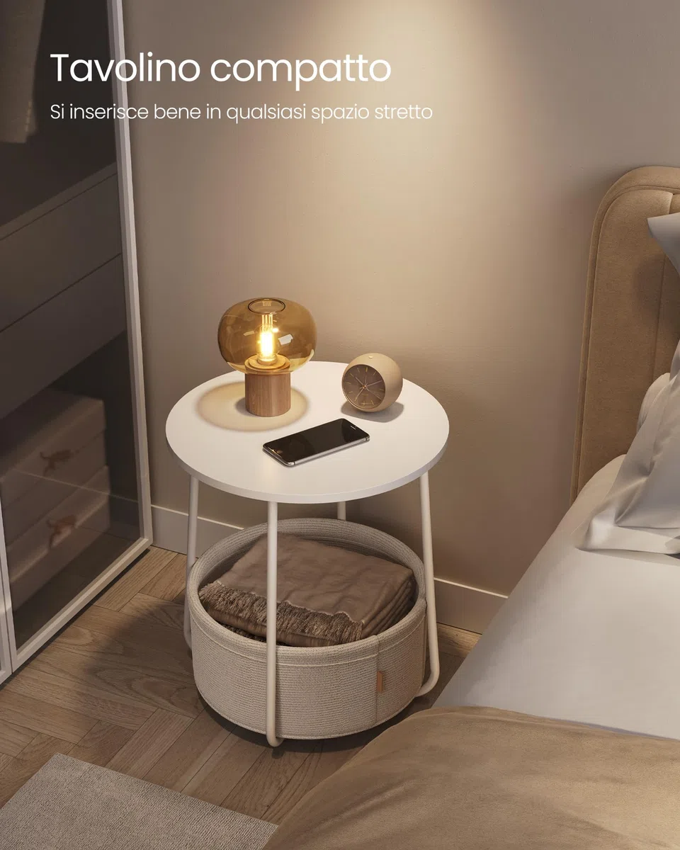 VASAGLE LILEA Collezione - Tavolino, Tavolino Rotondo con Cestino in Tessuto, Spazioso, per Soggiorno Camera da Letto, Comodino, Stile Moderno, Bianco Opaco e Marrone Cammello LET223W10