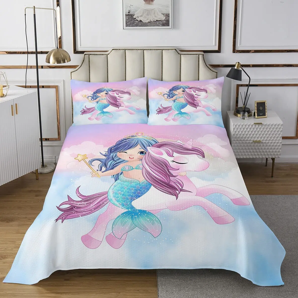 Set di copriletto trapuntato per bambini ragazzi e ragazze motivo sirena unicorno per letto 170X230cm