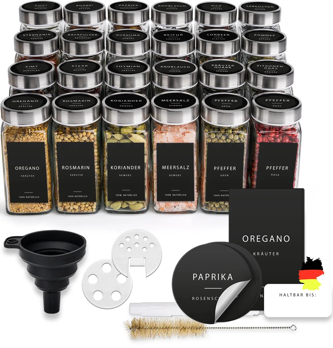 Barattoli per spezie rettangolari [24 x 120 ml] contenitore per spezie con 301 etichette, coperchi in acciaio inox, set di contenitori per spezie, spezie, portaspezie con inserto