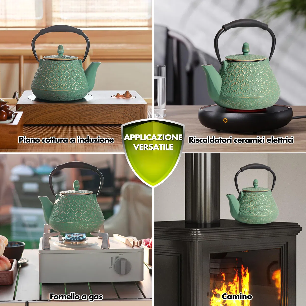 Teiera in Ghisa, 950ml Bollitore da Tè con Motivo Giapponese Sakura Blossom, Sicura per Piano Cottura, Infusore per Foglie Sfuse e Caffè, Manico in Silicone, Interno Smaltato, 950ml Verde