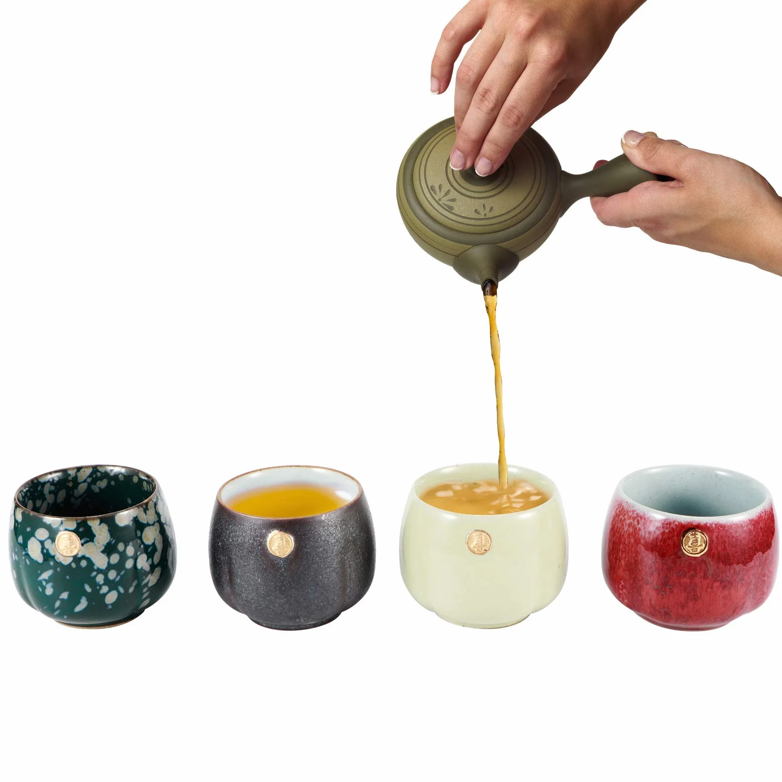 Tazze da tè giapponesi Design in ceramica, set di 4 teiere in ceramica stile giapponese Zen Set da tè unico Set regalo tradizionale artigianale, per casa e ufficio(colorato)