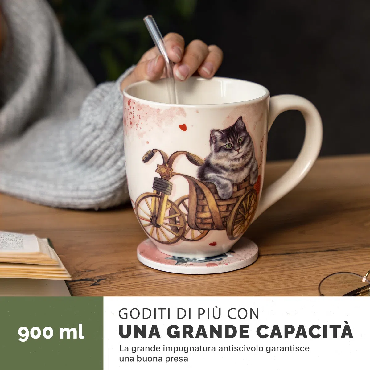 YC YANG CHAI Jumbotazza 900 ml - Tazze da Tè in Porcellana di Ossa - Set XXL con Sottobicchiere - Mug Grande, Tazza Colazione - YC CatiCat