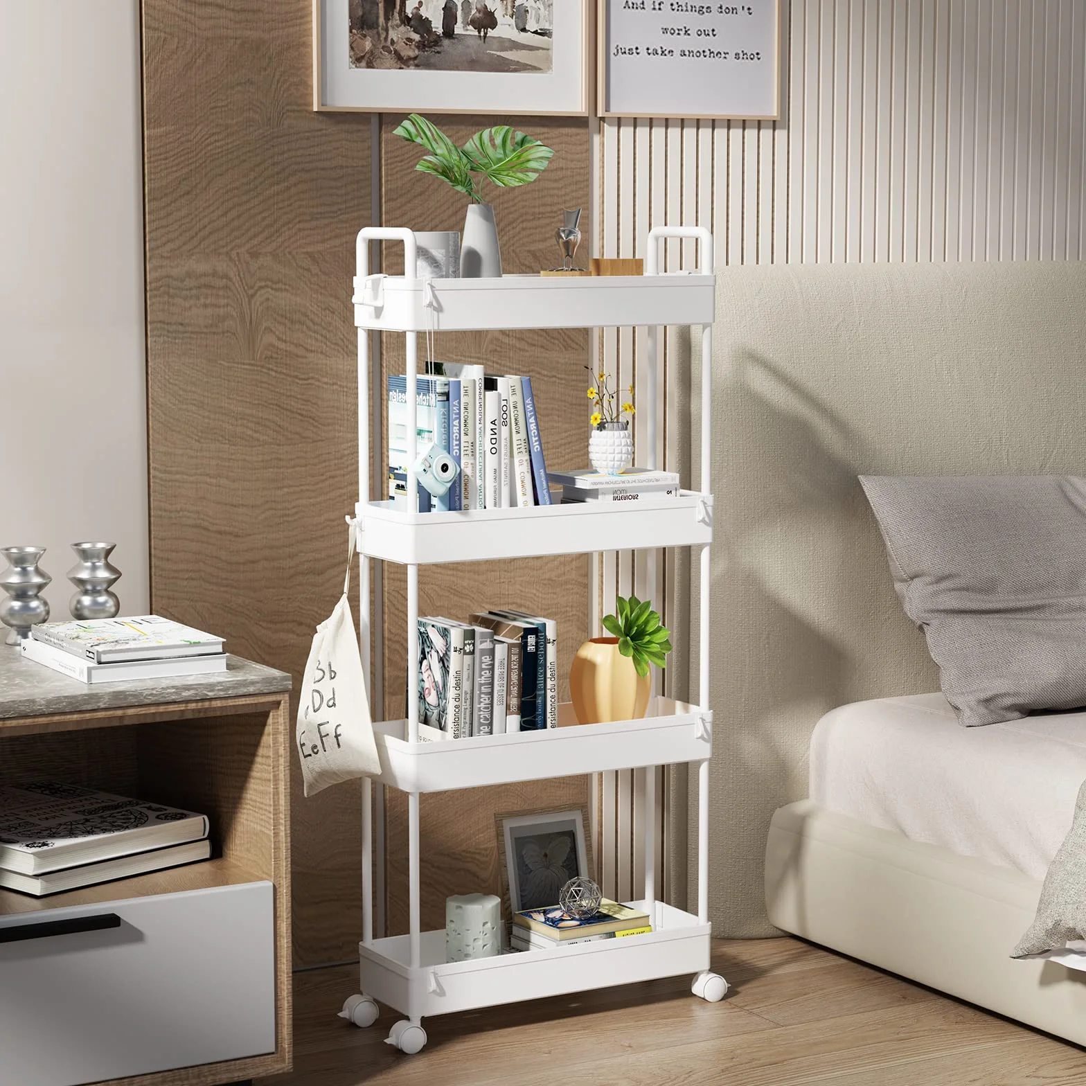 SOLEJAZZ Carrello portaoggetti a 4 ripiani Carrello scorrevole e scorrevole Carrello portaoggetti mobile per cucina, bagno, lavanderia, camera da letto, spazi stretti, plastica, bianco