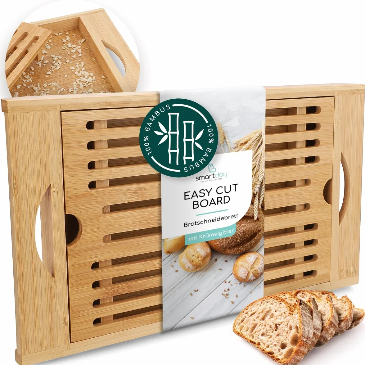 Tagliere per pane con scomparto per briciole in legno di bambù, tagliere con griglia per briciole, tagliere per pane, baguette e panini, tagliere da portata
