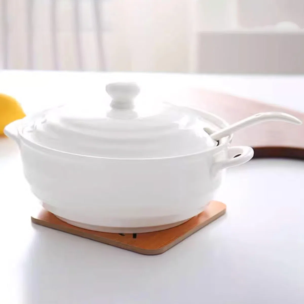 Zuppiera in ceramica con coperchio e mestolo, durevole e adatta al microonde, ideale per ristoranti, feste a casa e uso in cucina