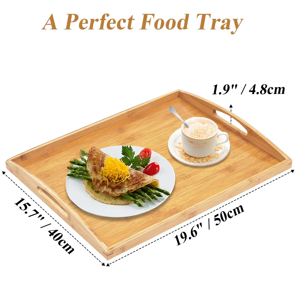 Vassoi in legno extra grandi per servire cibo, vassoio rettangolare in bambù con manici per colazione e cena, vassoio in legno per servire tè, caffè e snack (50 x 40 CM)