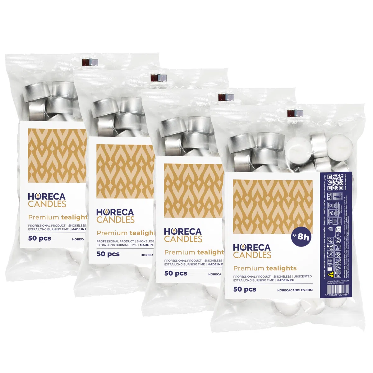 Horeca Candles - 200 Lumini Tealight Premium - Durata di Combustione oltre 8 ore - Set da 200 Pezzi Tè Luci - Candele Bianche - Non profumate