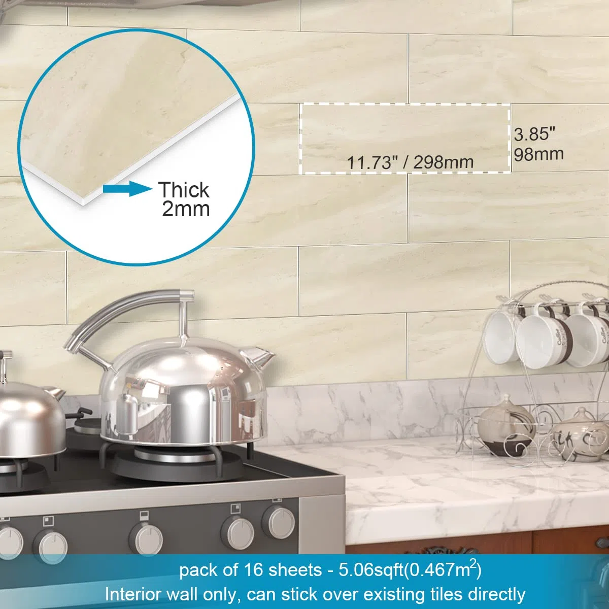 BeNice Piastrelle Autoadesive da Parete Effetto Marmo Subway Stickers, Paraschizzi per Cucina Bagno Pannelli Adesivi Individuali Grandi (16 piastrelle, Beige)