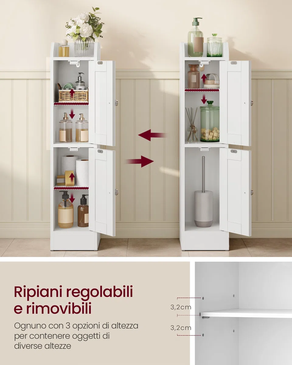 VASAGLE SIREN Collezione – Mobile da Bagno Stretto, Mobiletto da Pavimento Angolare, Porta Carta Igienica, Ripiani Regolabili, Ante da Aprire a Sinistra o a Destra, Bianco Nuvola BBK312WB02