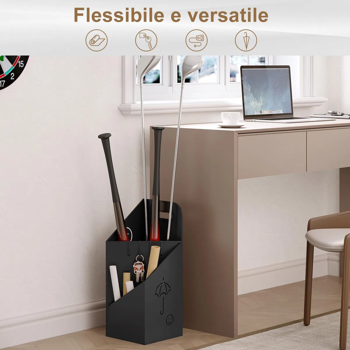 WOLTU Portaombrelli con 4 Ganci e 2 Aree Separate, in Metallo Antiruggine, con Design a Conca e Sorriso, per Corridoio, Ingresso, Nero