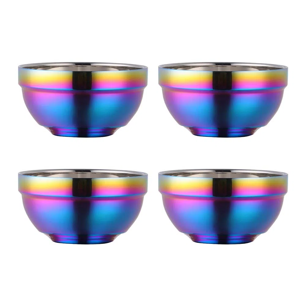 Ciotole per cereali in acciaio inox 18/10, 500 ml, arcobaleno, set da 4 ciotole di riso, grandi ciotole da dessert larghe, 13 cm (5,1 pollici), in metallo, a doppio strato, anti-caldo
