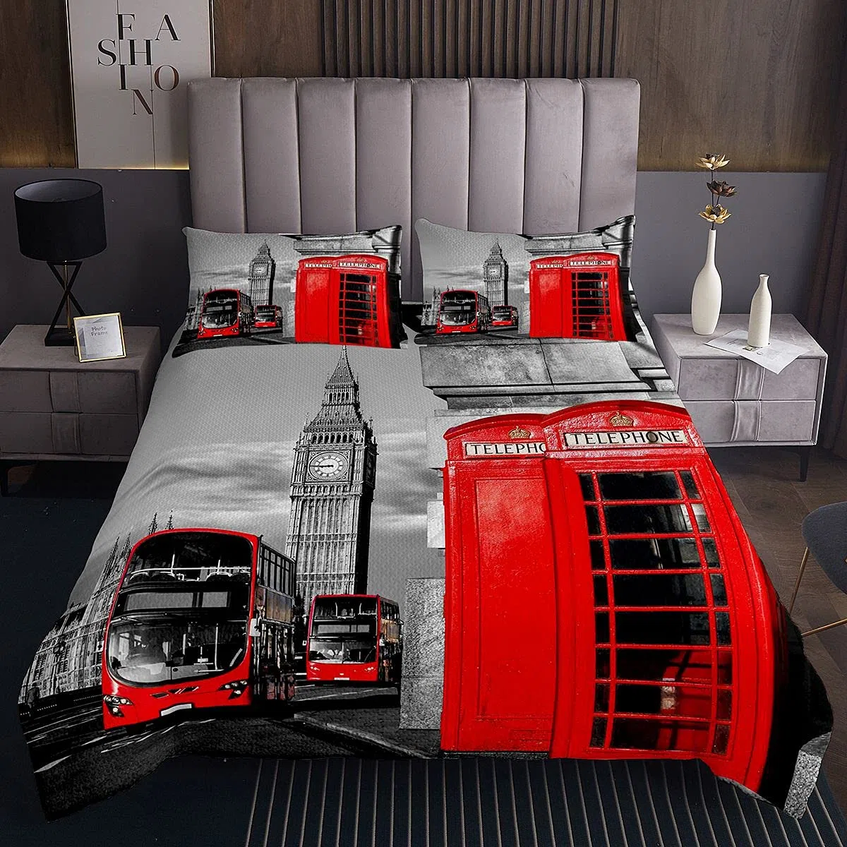 London Copriletto trapuntato rosso cabina telefonica copertura romantico paesaggio città Old Street Big Ben vintage retro 2 pezzi singolo formato