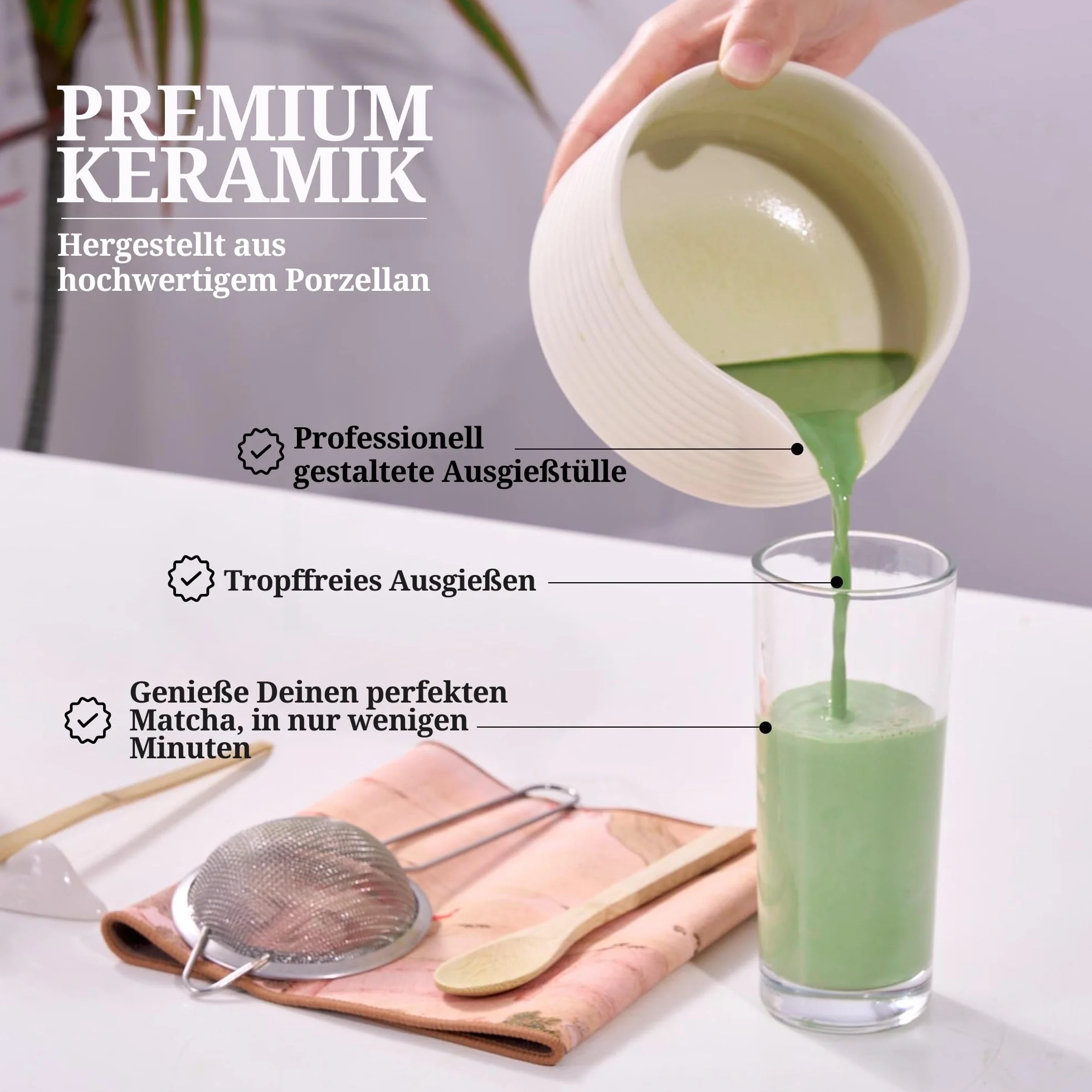 Matcha Set – Bianco – Set da tè Matcha – Scopa, ciotola, cucchiaio, scoop, colino, supporto e accessori – Kit Matcha Premium per gli amanti del matcha