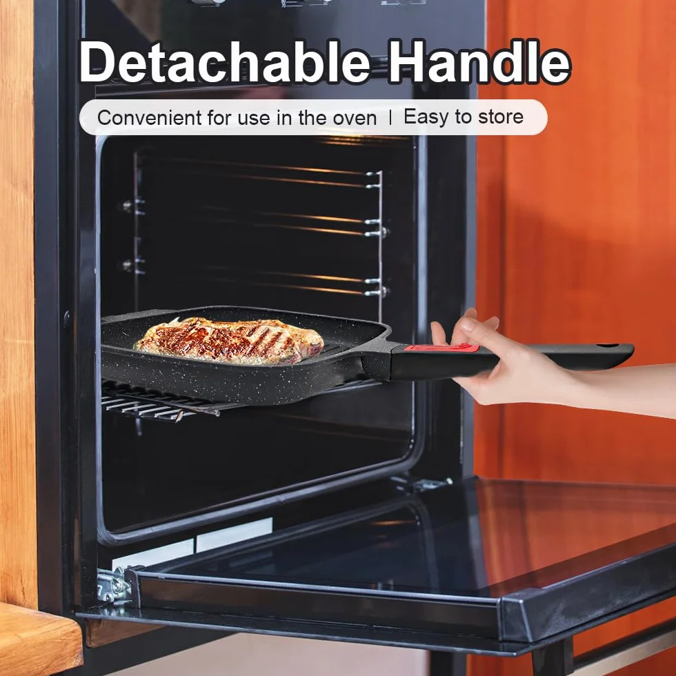 RANX INGST Bistecchiera Antiaderente con Maniglia Rimovibile, Padella Griglia con Coperchio, Pietra 26 x 24 cm Quadrata per Induzione, Alluminio pressofuso - Nero