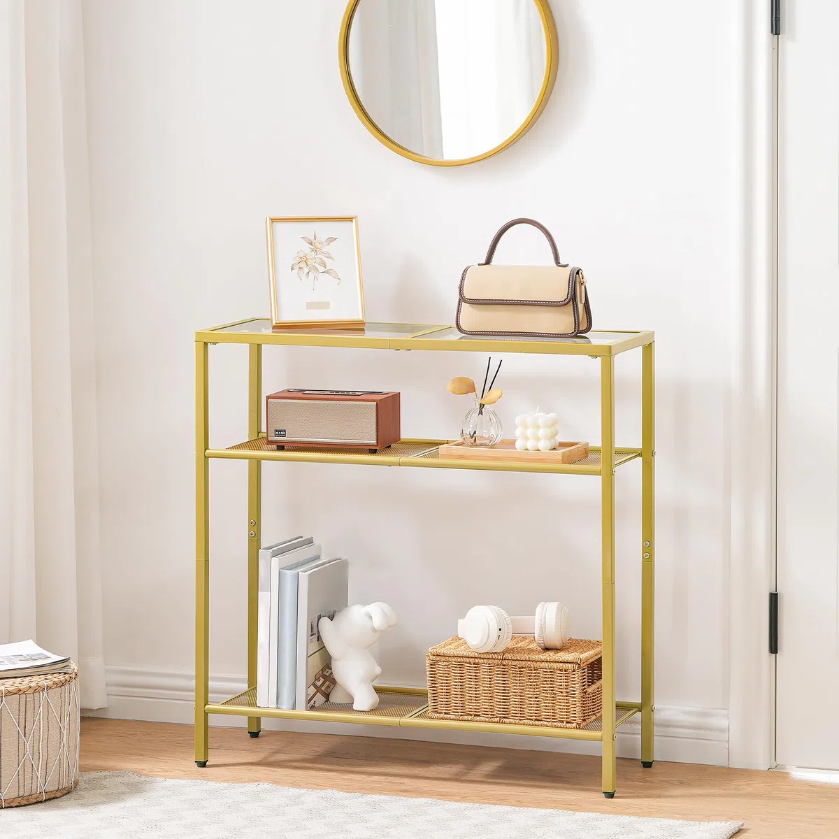 HOOBRO Tavolo Console a 3 Ripiani, 75 cm Ingresso Con Piano di Vetro Temperato, per Entrata, Soggiorno, Corridoio, Camera da Letto, Dorato EGD21XG01G1