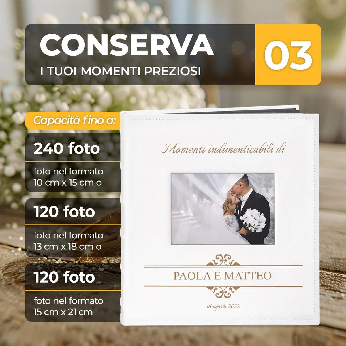 Maverton Album Foto Personalizzato con Stampa - Copertina in Pelle Sintetica con Finestra - 60 pagine nere - 240 foto 10x15 cm - idee regalo per anniversario, matrimonio - Nozze