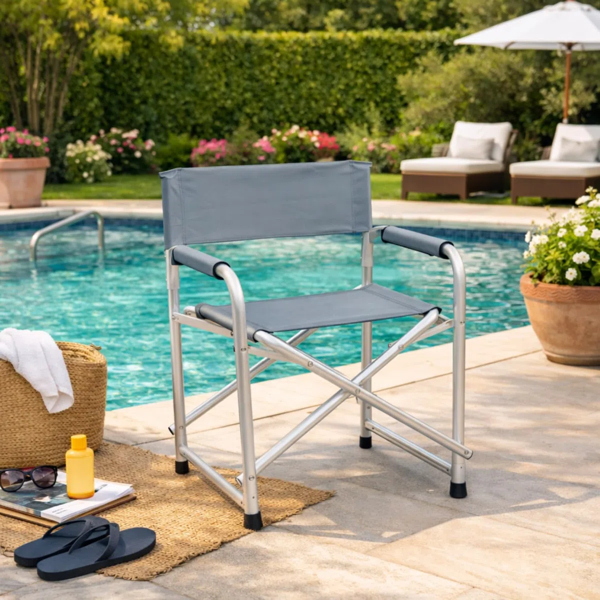 Sedia Regista Pieghevole in Alluminio Grigio Sedia Da Campeggio 57x49x78cm Mare Spiaggia Giardino Universale Telo Poliestere Spalliera Braccioli Salvaspazio Trasportabile Richiudibile Lavabile