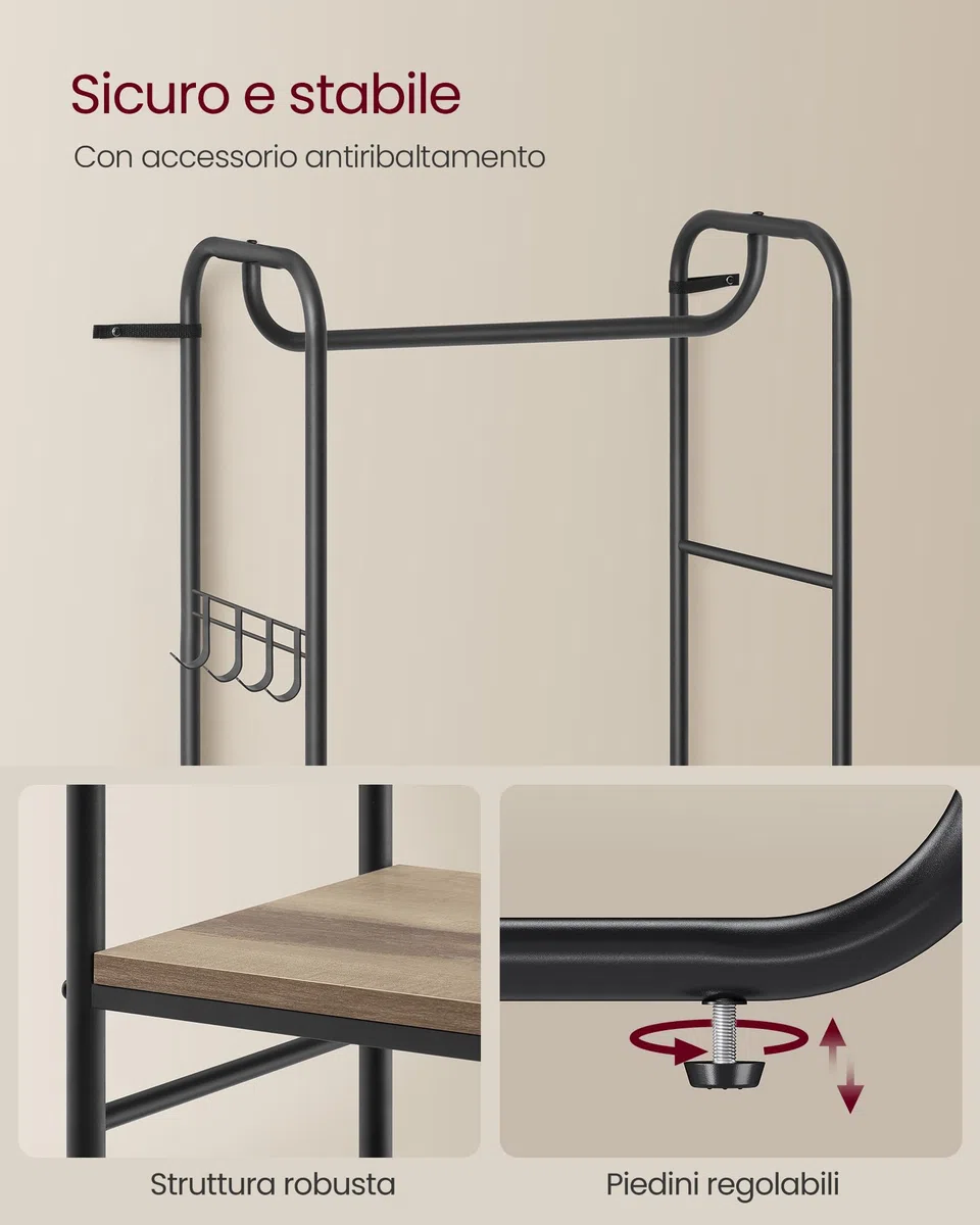 VASAGLE Appendiabiti con Scarpiera per Ingresso, Attaccapanni con Ripiani Portaoggetti, per Soggiorno, Camera da Letto, 58 x 28 x 181 cm, Stile Scandinavo, Nero Inchiostro e Marrone Cammello HSR081K01