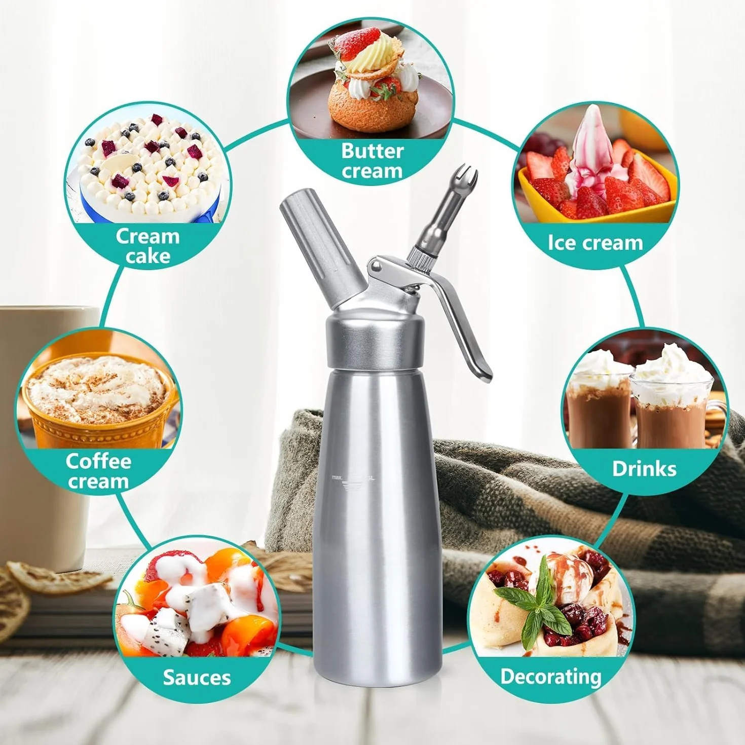 500ml Sifone Panna Montata, Sifone per Cucina, Dispenser Panna Montata, con 3 Ugelli e Spazzola da Pulizza, Borsa a Rete, per Decorazione Torte di Compleanno Dessert
