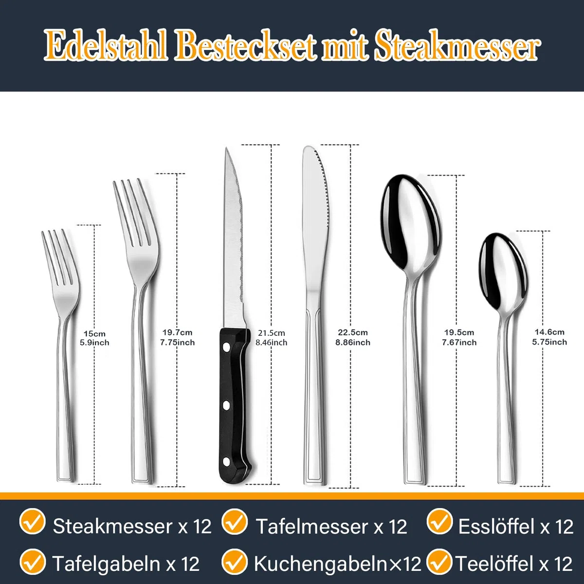 Set posate 12 persone, Hunnycook 72 pezzi set posate con coltello da bistecca, posate acciaio inox per ristoranti, feste e matrimoni, lavabile in lavastoviglie