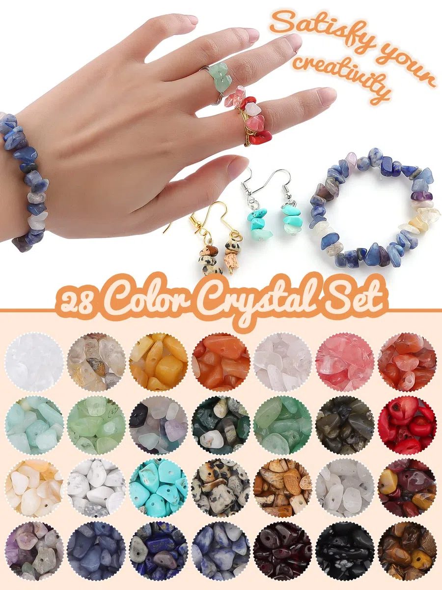 Kalolary Set di 1700 gioielli con perline di cristallo, 28 colori, kit per la creazione di anelli di cristallo naturale con filo di ciondolo, pinze, moschettoni per collane,