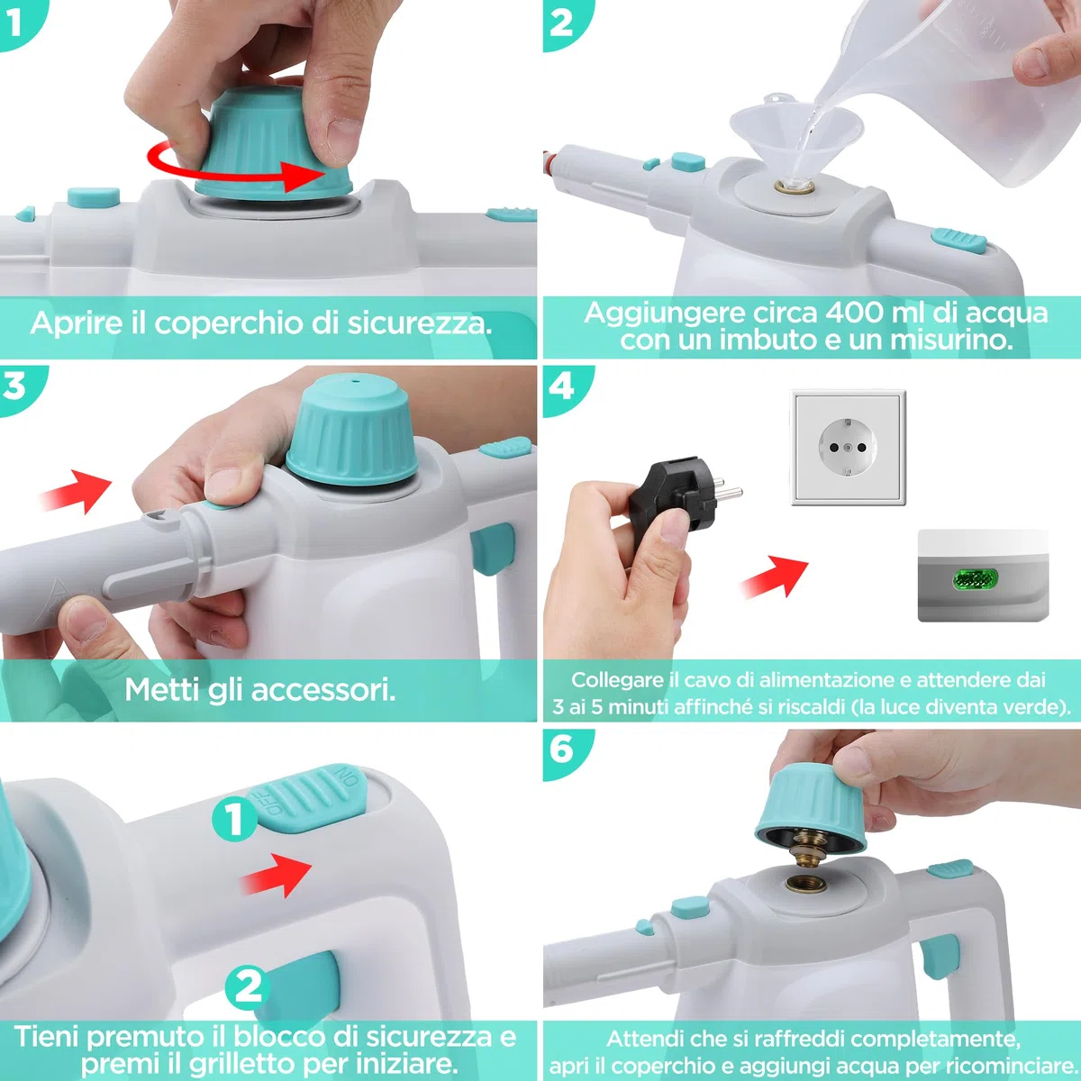 HAUSHOF Pulitore a Vapore Portatile, Serbatoio dell'acqua da 450 ml con 8 Accessori per la Rimozione delle Macchie, Pulitore a Vapore Manuale Portatile per Divano, Cucina, Pavimento, Bagno, Auto