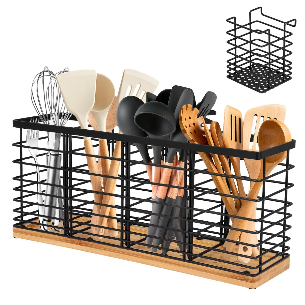 Portautensili da cucina in acciaio inox con 4 scomparti in legno + 1 scomparto per utensili da cucina, porta utensili da cucina con ripiano rimovibile, grande ciotola per coltelli, cucchiai e